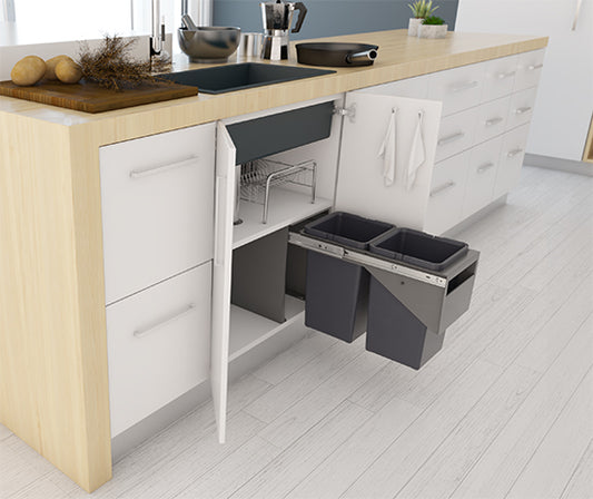 Tanova Simplex Base Mounted  Pull Out Kitchen Bin 300mm Cabinet - 2x12L Bins - Base Mounted 350Hx510D