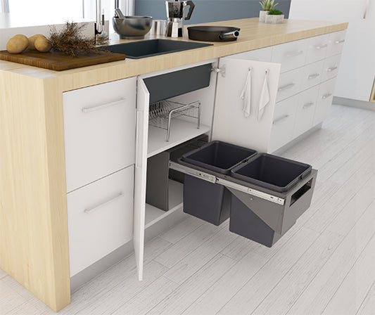 Tanova Simplex Base Mounted  Pull Out Kitchen Bin 350mm Cabinet - 2x15L Bins - Base Mounted - 282Hx515D