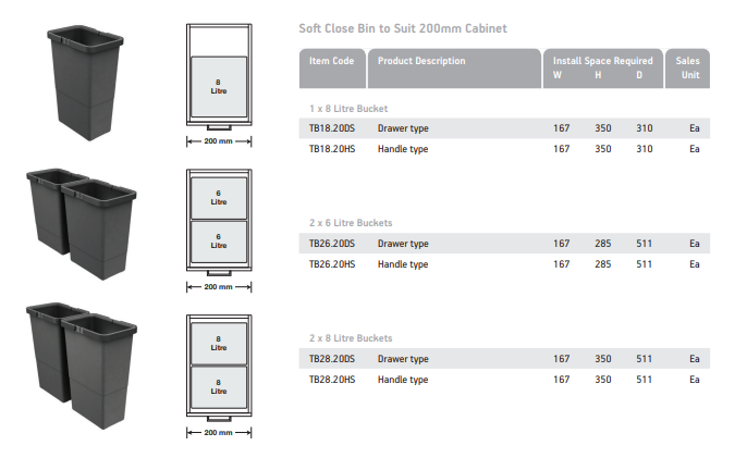 Tanova NZ Simplex Soft Close Kitchen Bin - 200mm ,300mm ,350mm and 400mm Cabinet Drawer Front Type - 1 x 50Litre ,2 x 6Litre ,2 x 8Litre ,2 x 10Litre ,2 x 12Litre ,2 x 15Litre ,2 x 18Litre ,2 x 24Litre & 3 x 8Litre Grey or White