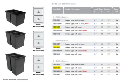 Tanova NZ Simplex Soft Close Kitchen Bin - 200mm ,300mm ,350mm and 400mm Cabinet Drawer Front Type - 1 x 50Litre ,2 x 6Litre ,2 x 8Litre ,2 x 10Litre ,2 x 12Litre ,2 x 15Litre ,2 x 18Litre ,2 x 24Litre & 3 x 8Litre Grey or White