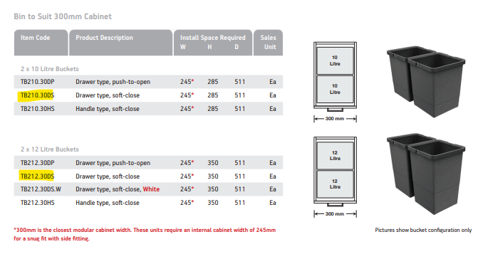 Tanova NZ Simplex Soft Close Kitchen Bin - 200mm ,300mm ,350mm and 400mm Cabinet Drawer Front Type - 1 x 50Litre ,2 x 6Litre ,2 x 8Litre ,2 x 10Litre ,2 x 12Litre ,2 x 15Litre ,2 x 18Litre ,2 x 24Litre & 3 x 8Litre Grey or White