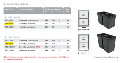 Tanova NZ Simplex Soft Close Kitchen Bin - 200mm ,300mm ,350mm and 400mm Cabinet Drawer Front Type - 1 x 50Litre ,2 x 6Litre ,2 x 8Litre ,2 x 10Litre ,2 x 12Litre ,2 x 15Litre ,2 x 18Litre ,2 x 24Litre & 3 x 8Litre Grey or White