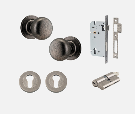 Iver Cambridge Door Knob 0207 Round Rose Distressed Nickel - Passage kit , privacy kit & Entrance Kit (Dual Function 5 pin and Key Thumb 6 Pin)
