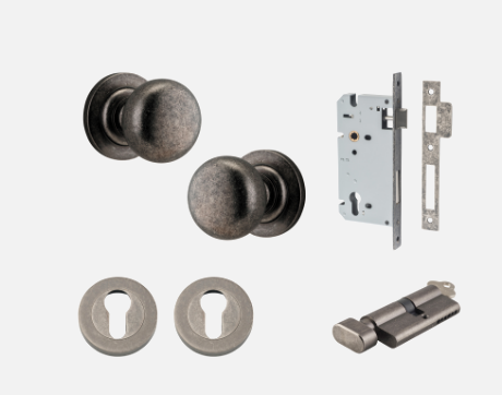 Iver Cambridge Door Knob 0207 Round Rose Distressed Nickel - Passage kit , privacy kit & Entrance Kit (Dual Function 5 pin and Key Thumb 6 Pin)