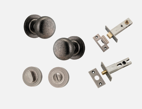 Iver Cambridge Door Knob 0207 Round Rose Distressed Nickel - Passage kit , privacy kit & Entrance Kit (Dual Function 5 pin and Key Thumb 6 Pin)