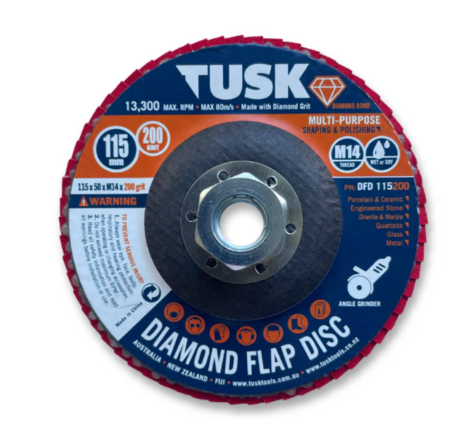 Tusk Heavy Duty Diamond Flap Disc 115mm x 60 x M14 x 60Grit ,120 Grit ,200Grit & 400Grit