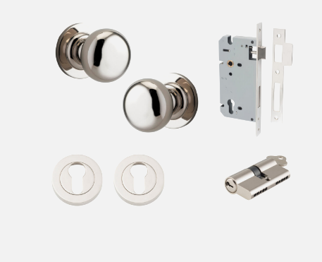 Iver Cambridge Door Knob 0208 Round Rose Polished Nickel - Passage kit , privacy kit & Entrance Kit (Dual Function 5 pin and Key Thumb 6 Pin)