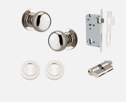 Iver Cambridge Door Knob 0208 Round Rose Polished Nickel - Passage kit , privacy kit & Entrance Kit (Dual Function 5 pin and Key Thumb 6 Pin)