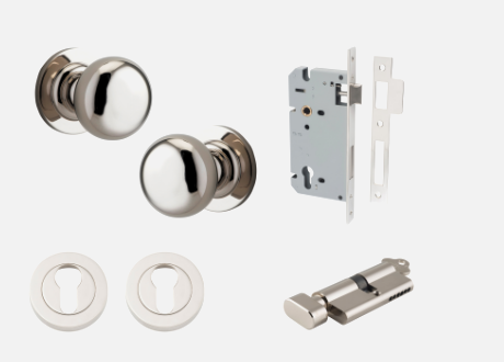 Iver Cambridge Door Knob 0208 Round Rose Polished Nickel - Passage kit , privacy kit & Entrance Kit (Dual Function 5 pin and Key Thumb 6 Pin)