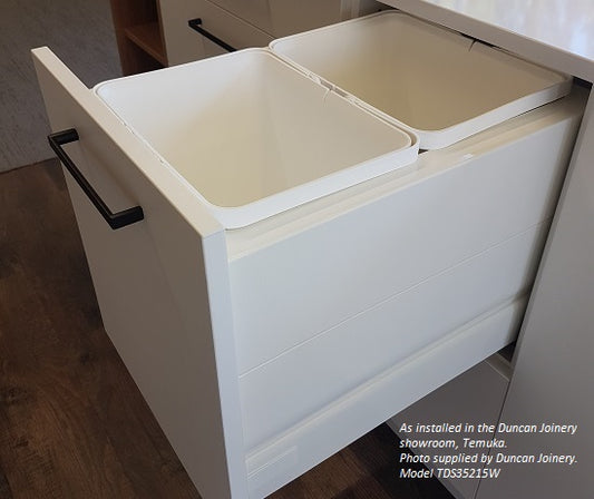 Tanova Designer Series Pull Out Soft Close Kitchen Waste Bin  350mm 2 Bucket Cabinet Full Sides -White and Charcoal