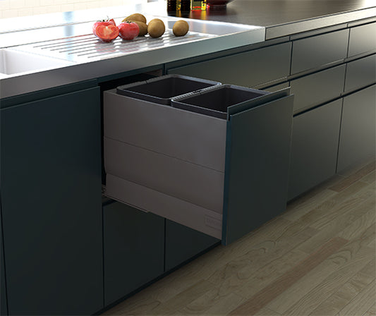 Tanova Designer Series Pull Out Soft Close Kitchen Waste Bin  350mm 2 Bucket Cabinet Full Sides -White and Charcoal
