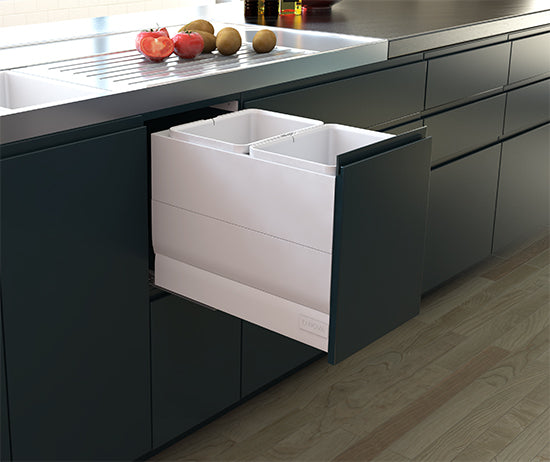 Tanova Designer Series Pull Out Soft Close Kitchen Waste Bin  350mm 2 Bucket Cabinet Full Sides -White and Charcoal