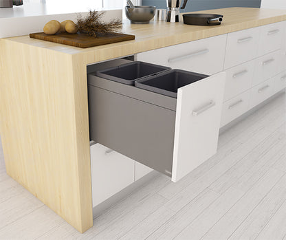 Tanova Designer Series 2 Pull Out Soft Close and  Soft Close With Push to Open Kitchen Waste Bin  350mm 2 Bucket Cabinet  - White and Charcoal