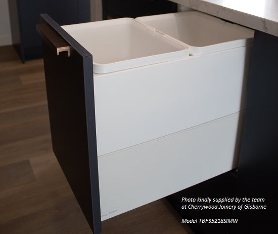 Tanova Designer Series 2 Pull Out Soft Close and  Soft Close With Push to Open Kitchen Waste Bin  350mm 2 Bucket Cabinet  - White and Charcoal