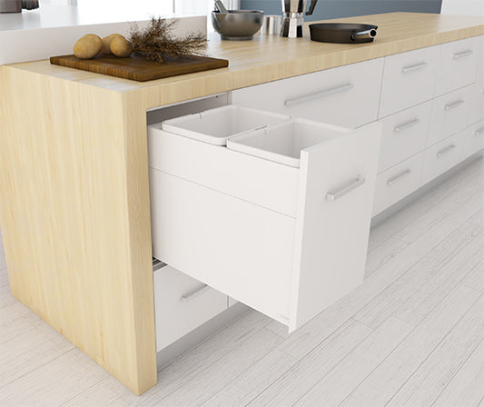 Tanova Designer Series 2 Pull Out Soft Close and  Soft Close With Push to Open Kitchen Waste Bin  350mm 2 Bucket Cabinet  - White and Charcoal