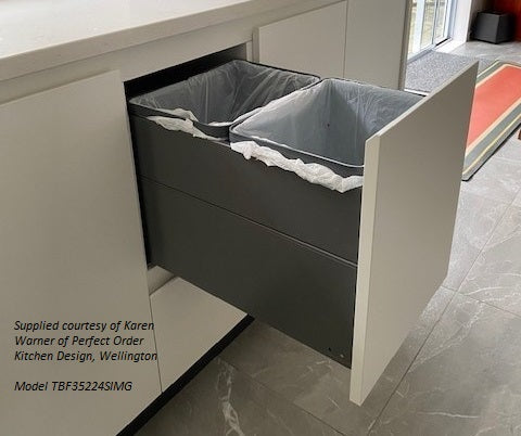 Tanova Designer Series 2 Pull Out Soft Close and  Soft Close With Push to Open Kitchen Waste Bin  350mm 2 Bucket Cabinet  - White and Charcoal