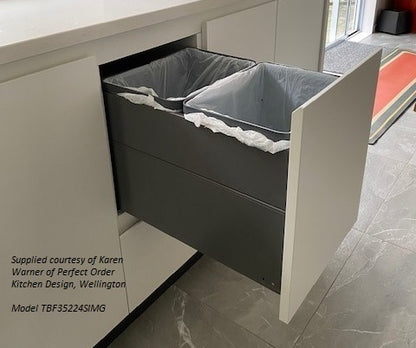 Tanova Designer Series 2 Pull Out Soft Close and  Soft Close With Push to Open Kitchen Waste Bin  350mm 2 Bucket Cabinet  - White and Charcoal
