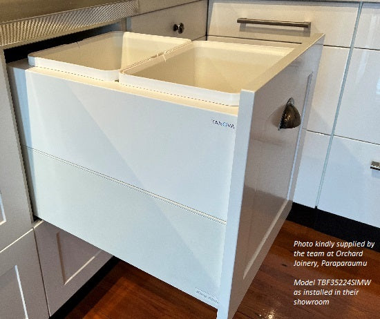 Tanova Designer Series 2 Pull Out Soft Close and  Soft Close With Push to Open Kitchen Waste Bin  350mm 2 Bucket Cabinet  - White and Charcoal