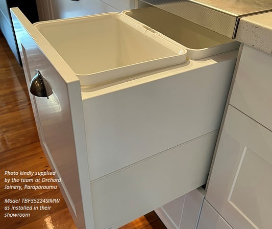 Tanova Designer Series 2 Pull Out Soft Close and  Soft Close With Push to Open Kitchen Waste Bin  350mm 2 Bucket Cabinet  - White and Charcoal