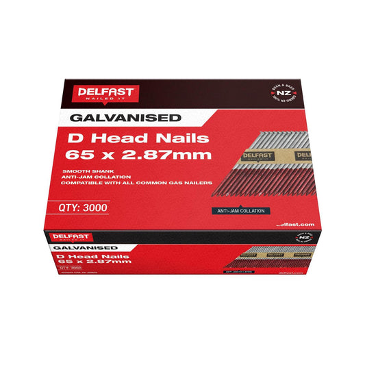 Delfast Ring Galvanised D-Head Nails Available in 2 sizes 65 x 2.87mm,75 x 3.06mm Box 3000.