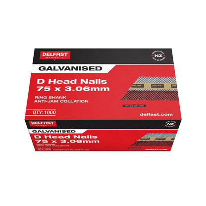 Delfast Ring Galvanised D-Head Nails Available in 2 sizes 65 x 2.87mm,75 x 3.06mm Box 1000.