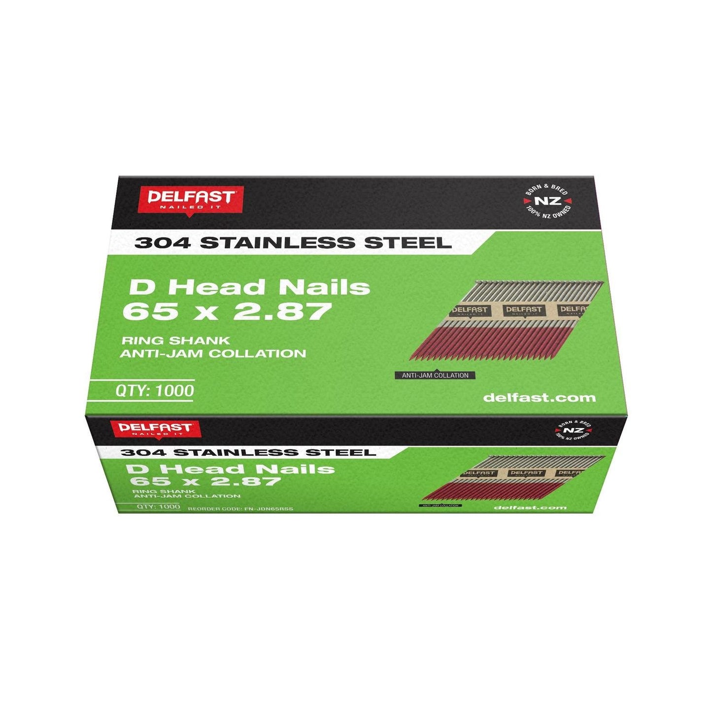 Box of Delfast 304 Stainless Steel D Head Nails on a white background