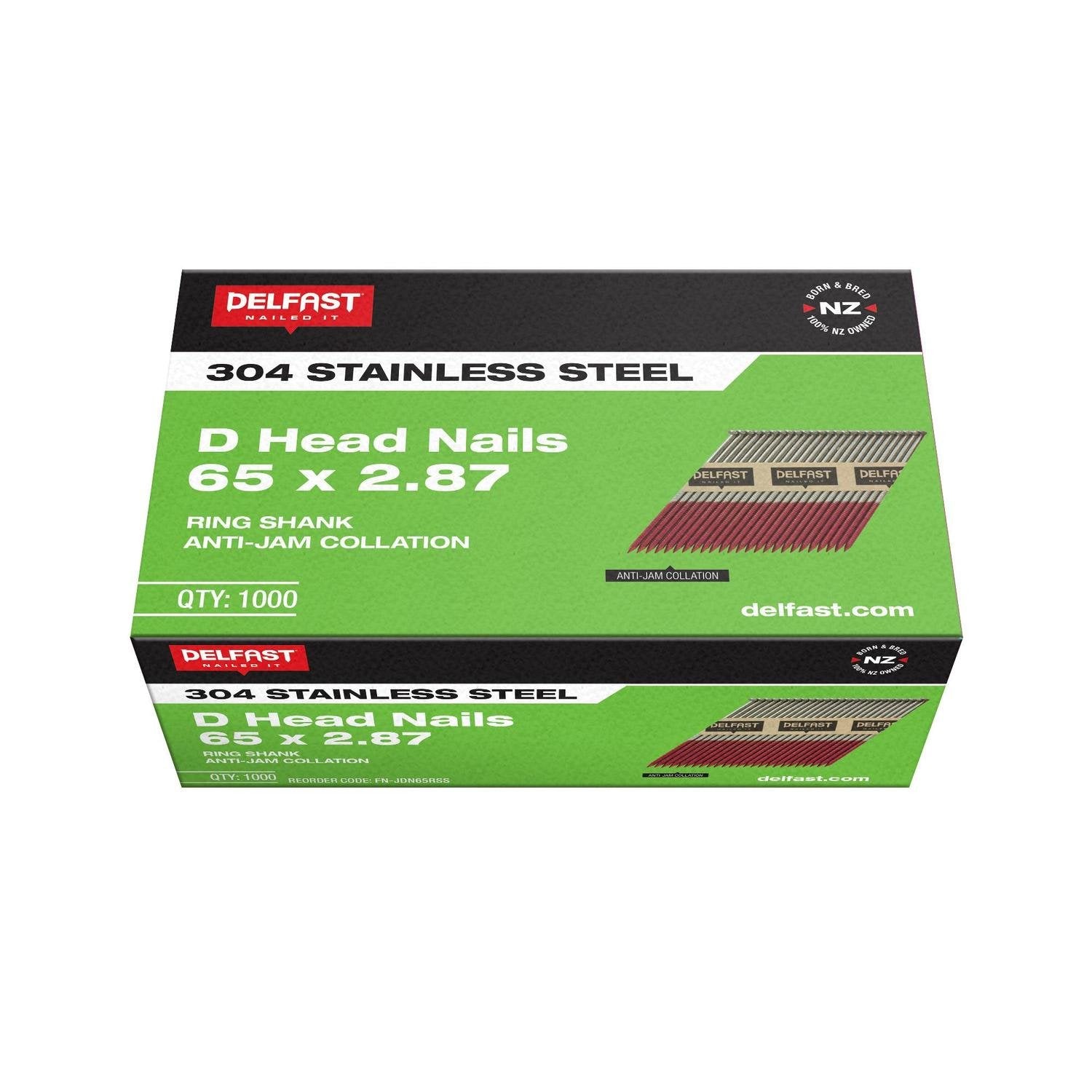 Box of Delfast 304 Stainless Steel D Head Nails on a white background