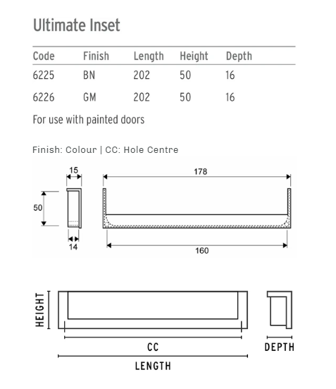ELITE ULTIMATE INSET LENGTH : 202MM x HEIGHT : 50MM x DEPTH : 16MM - BRUSHED NICKEL & GUNMETAL