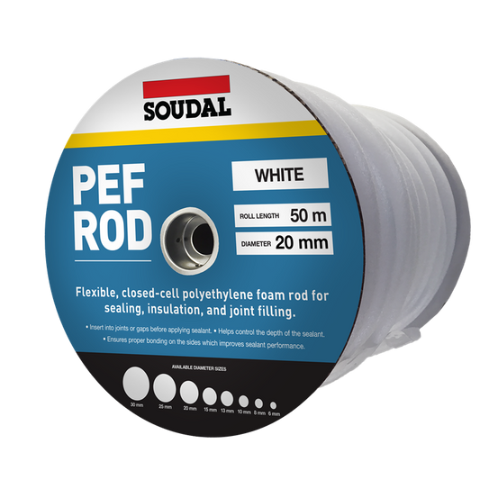 SOUDAL PEF BACKING ROD MULTIPLE SIZES WHITE  PRICED PER ROLL MINIMUM ORDER QUANTITY 12 ROLLS