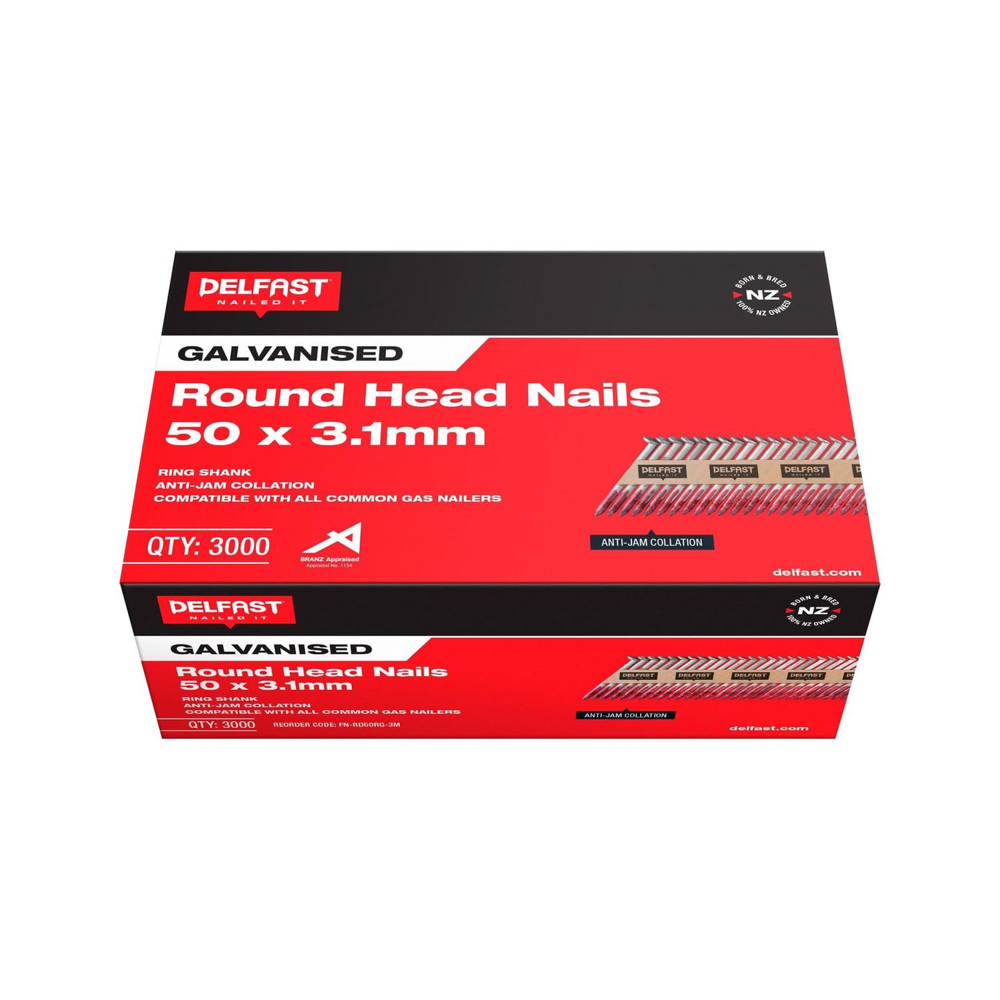 Box of Delfast round head nails on a white background