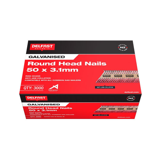 Box of Delfast round head nails on a white background