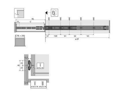 Hettich Germany Full Extension Runner With Push to Open, Load Class 12.7mm Installed Width Length - Available in 8 sizes : 300mm ,350mm ,400mm ,450mm ,500mm ,550mm ,600mm ,650mm - 35 kg