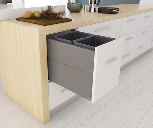 Tanova Designer Series 2 Pull Out Soft Close and Soft Close with Push to Open Kitchen Waste Bin  400mm 2 Bucket Cabinet  -White and Charcoal
