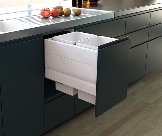 Tanova Designer Series Pull Out Soft Close Kitchen Waste Bin  400mm Cabinet-2 Bin White and Charcoal