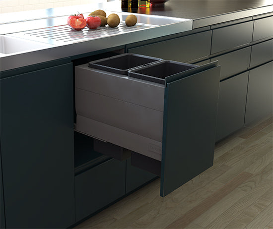 Tanova Designer Series Pull Out Soft Close Kitchen Waste Bin  400mm Cabinet-2 Bin White and Charcoal