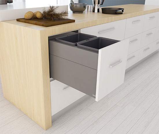 Tanova Designer Series 2 Pull Out Soft Close and Soft Close with Push to Open Kitchen Waste Bin  400mm 2 Bucket Cabinet  -White and Charcoal