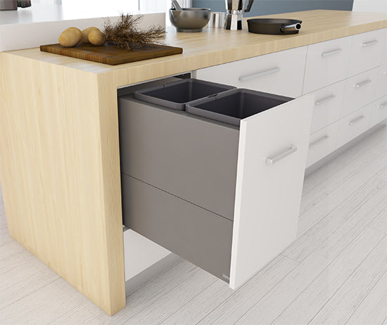 Tanova Designer Series 2 Pull Out Soft Close and Soft Close with Push to Open Kitchen Waste Bin  400mm 2 Bucket Cabinet  -White and Charcoal