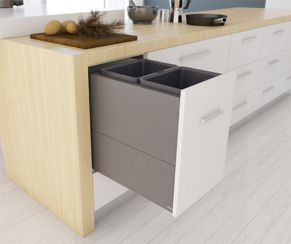 Tanova Designer Series 2 Pull Out Soft Close and Soft Close with Push to Open Kitchen Waste Bin  400mm 2 Bucket Cabinet  -White and Charcoal