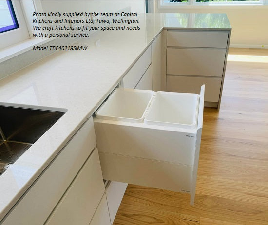 Tanova Designer Series 2 Pull Out Soft Close and Soft Close with Push to Open Kitchen Waste Bin  400mm 2 Bucket Cabinet  -White and Charcoal