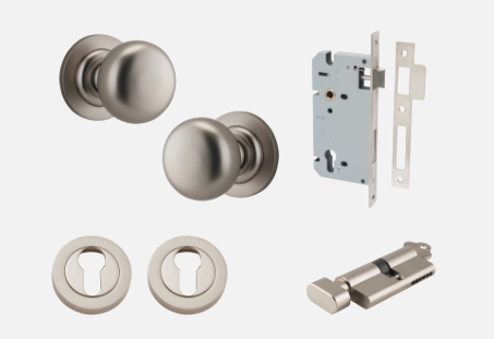 Iver Cambridge Door Knob 0209 Round Rose Satin Nickel - Passage kit , privacy kit & Entrance Kit (Dual Function 5 pin and Key Thumb 6 Pin)
