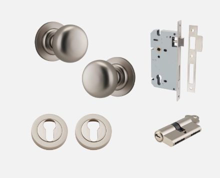 Iver Cambridge Door Knob 0209 Round Rose Satin Nickel - Passage kit , privacy kit & Entrance Kit (Dual Function 5 pin and Key Thumb 6 Pin)