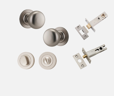 Iver Cambridge Door Knob 0209 Round Rose Satin Nickel - Passage kit , privacy kit & Entrance Kit (Dual Function 5 pin and Key Thumb 6 Pin)