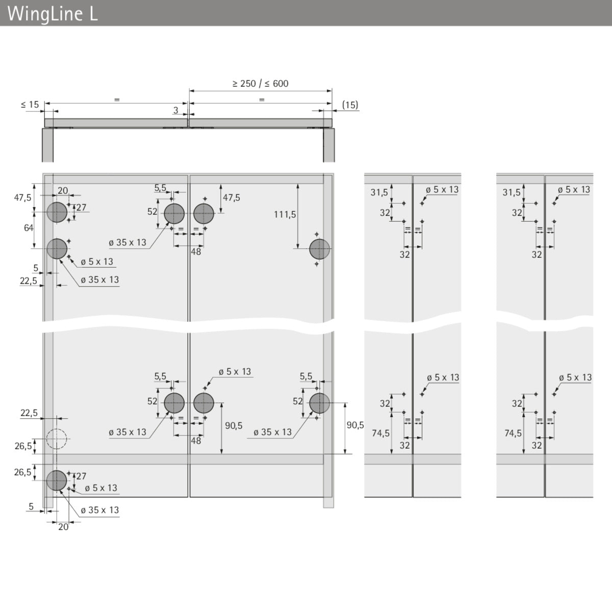 Hettich Germany Runner Profile WingLine L, 2400 mm, Powder Coated, White and Anthracite