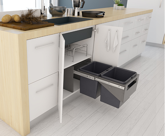 Tanova NZ Simplex Base Mounted Pull Out Kitchen Bin - 300mm and 350mm Cabinet Handle Type – 2 x 12Litre ,2 x 15Litre Grey