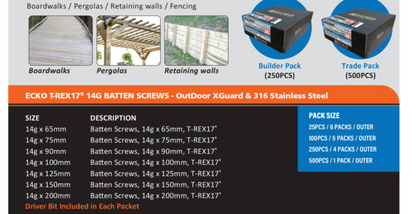 Ecko Construction Wafer Head TX50 XGuard Out Door TREX17 M10-240,260,280,300,360mm - Pack of 25