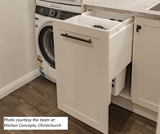 Tanova Designer Series 2 Pull Out Soft Close Laundry Basket 450mm Cabinet 2x36L Plastic Hamper White and White Gray