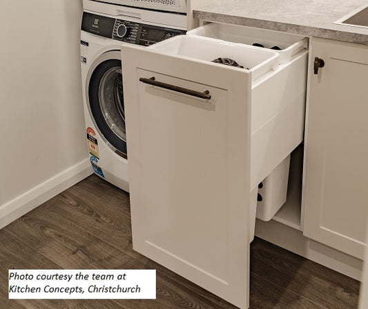 Tanova Designer Series 2 Pull Out Soft Close Laundry Basket 450mm Cabinet 2x36L Plastic Hamper White and White Gray