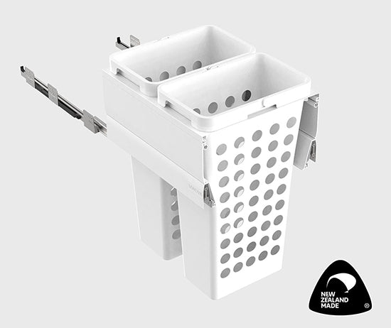 Tanova Designer Series Pull Out Soft Close  Laundry Basket  450mm Cabinet 2x36L Plastic Hampers Gray and White