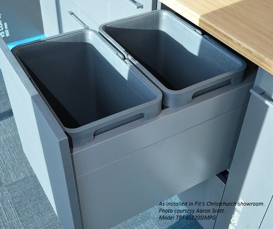 Tanova Designer Series 2 Pull Out Soft Close and Soft Close push to Open Kitchen Waste Bin  450mm 2 Buckets  -White and Charcoal
