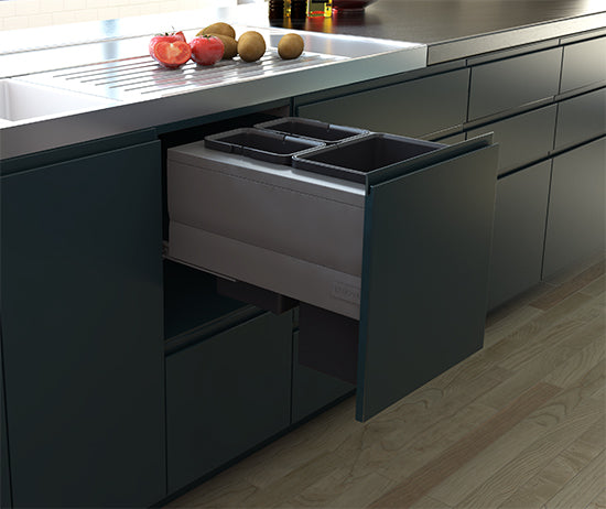 Tanova Designer Series  Pull Out Soft Close Kitchen Waste Bin  450mm 3 Bin Cabinet  -White and Charcoal